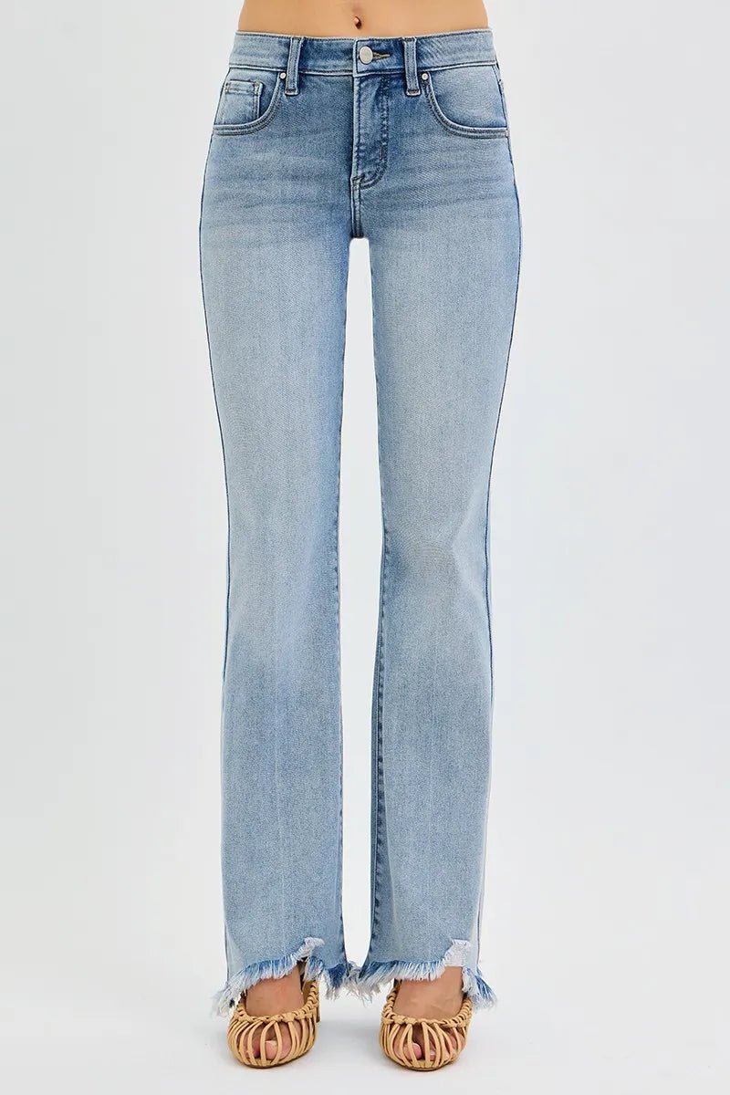 RISEN Full Size Tummy Control Mid Rise Flare Jeans with Fray Hem Detailed Plus Size | by atgodanddesigns