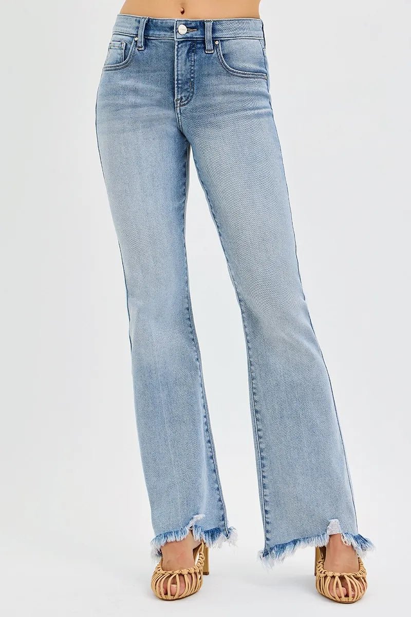 RISEN Full Size Tummy Control Mid Rise Flare Jeans with Fray Hem Detailed Plus Size | by atgodanddesigns