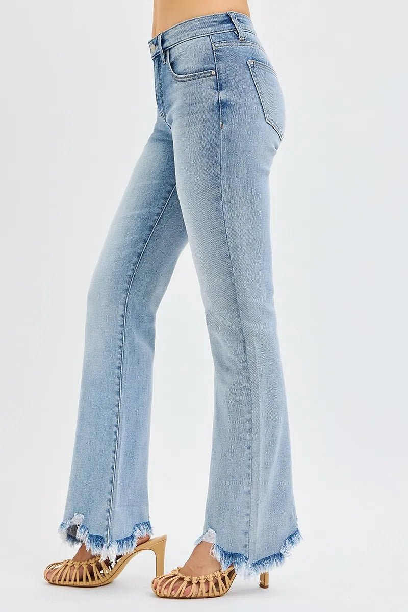 RISEN Full Size Tummy Control Mid Rise Flare Jeans with Fray Hem Detailed Plus Size | by atgodanddesigns