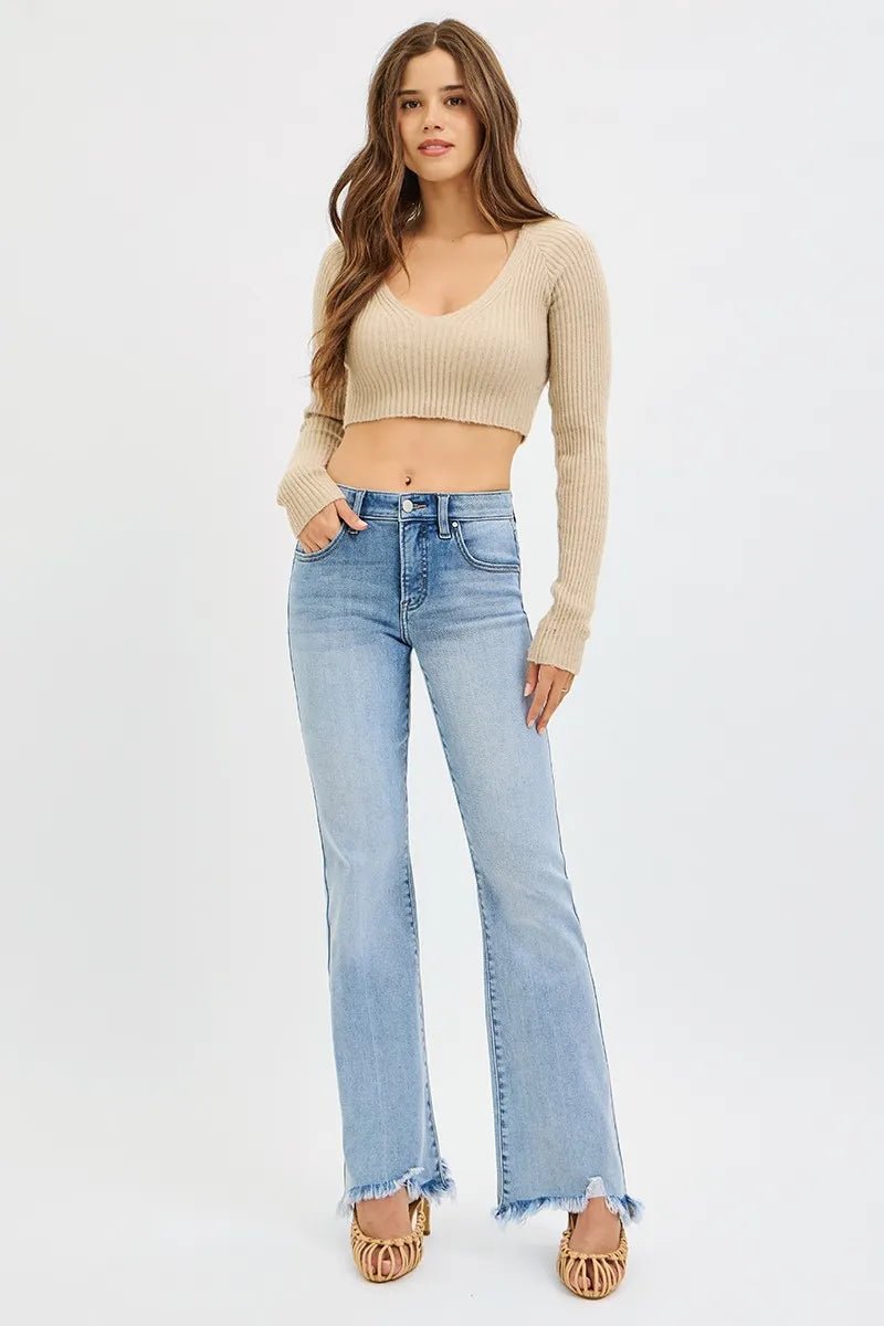 RISEN Full Size Tummy Control Mid Rise Flare Jeans with Fray Hem Detailed Plus Size | by atgodanddesigns