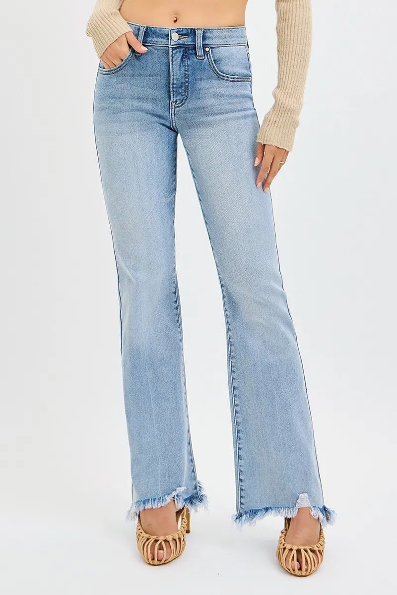RISEN Full Size Tummy Control Mid Rise Flare Jeans with Fray Hem Detailed Plus Size | by atgodanddesigns