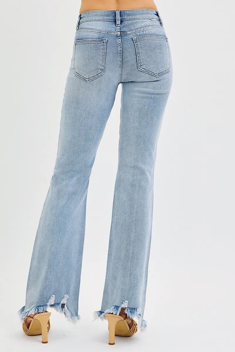 RISEN Full Size Tummy Control Mid Rise Flare Jeans with Fray Hem Detailed Plus Size | by atgodanddesigns