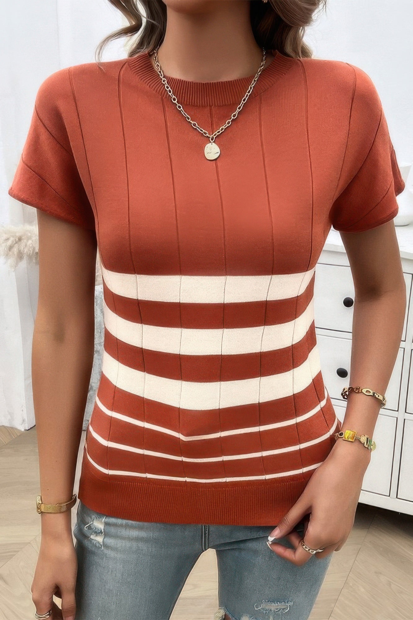 Round Neck Strip Knit Fit Short Sleeve Top | by atgodanddesigns