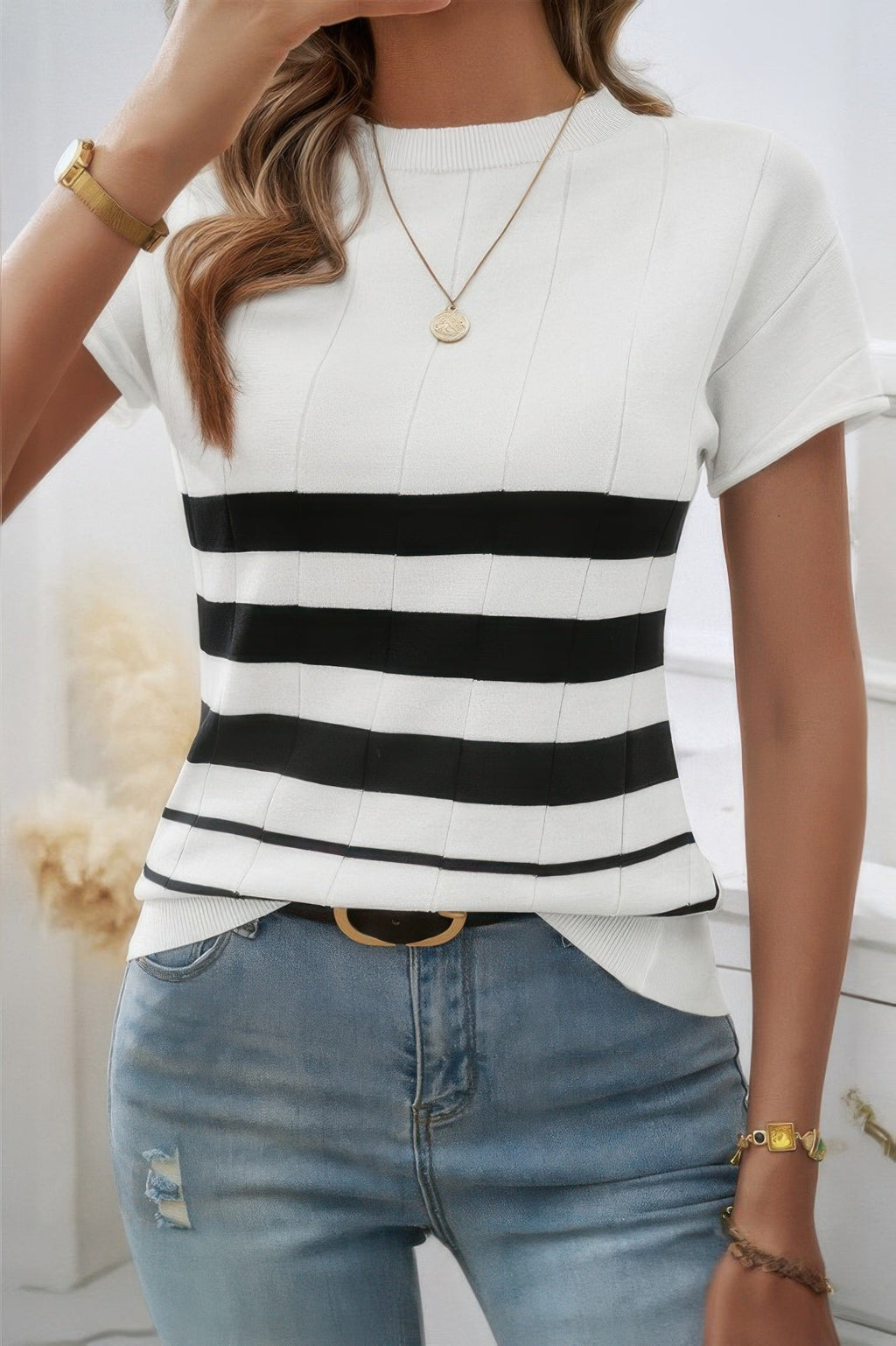Round Neck Strip Knit Fit Short Sleeve Top | by atgodanddesigns