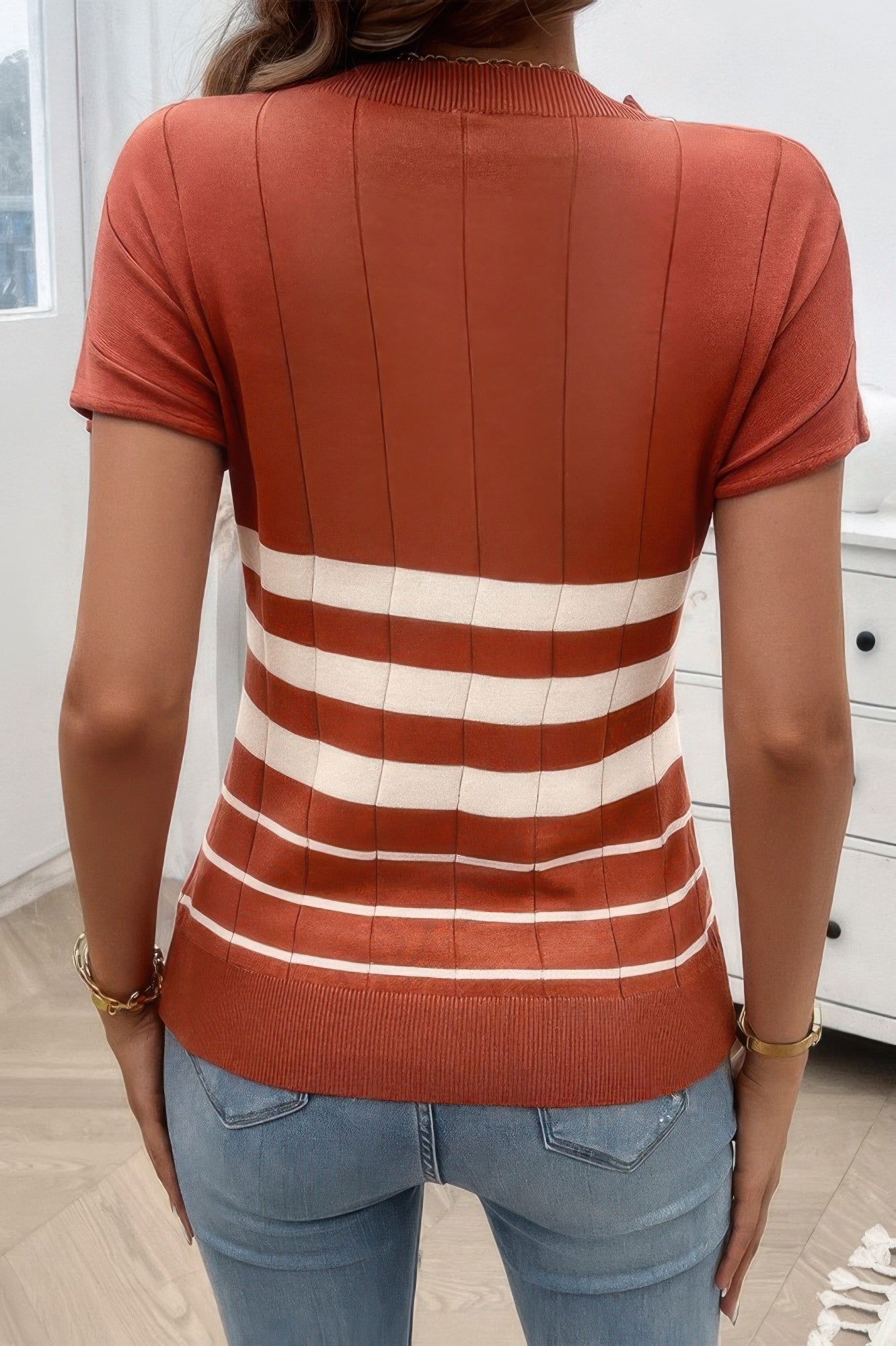 Round Neck Strip Knit Fit Short Sleeve Top | by atgodanddesigns