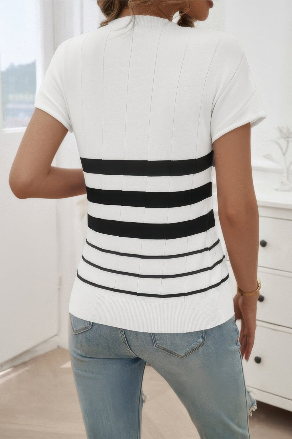 Round Neck Strip Knit Fit Short Sleeve Top | by atgodanddesigns