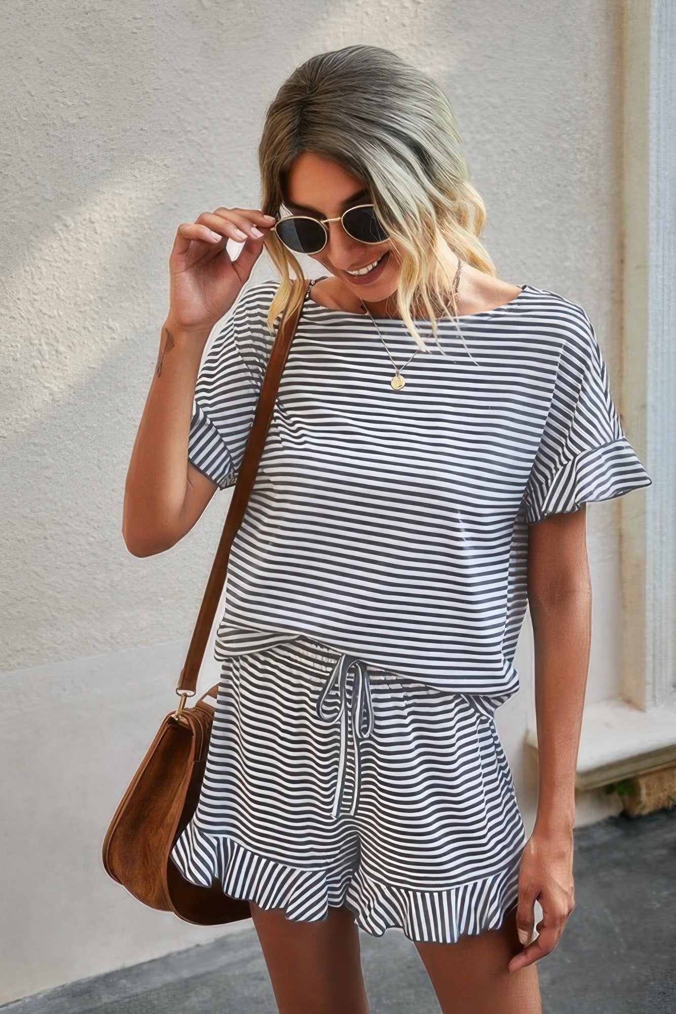 Round Neck Striped Top Short Set | by atgodanddesigns