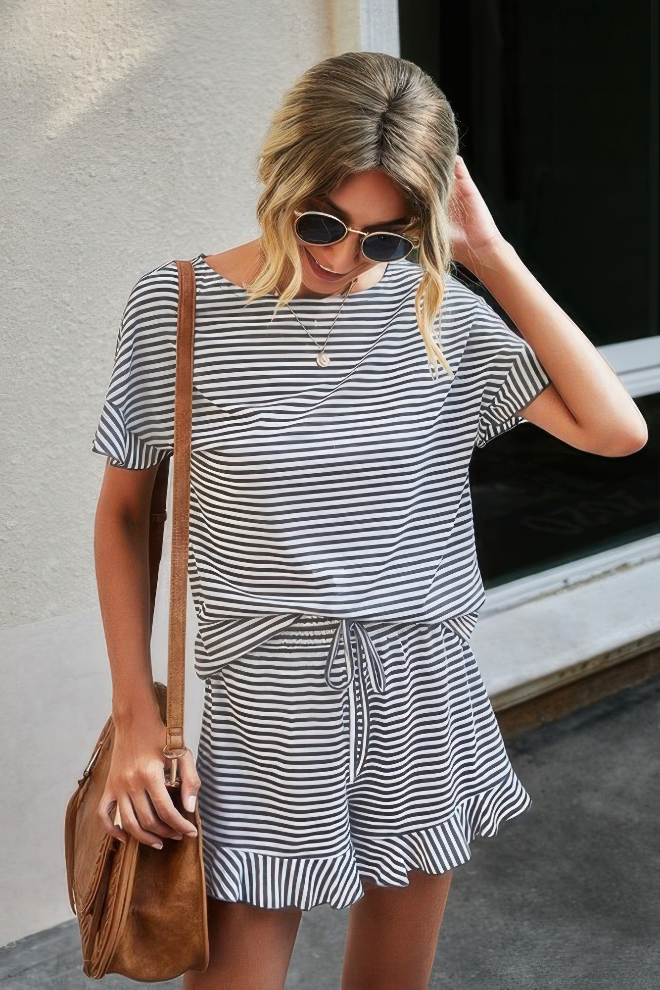 Round Neck Striped Top Short Set | by atgodanddesigns