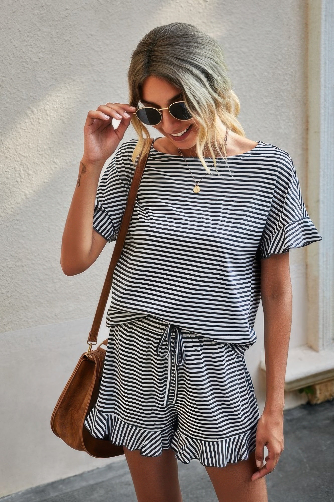 Round Neck Striped Top Short Set | by atgodanddesigns