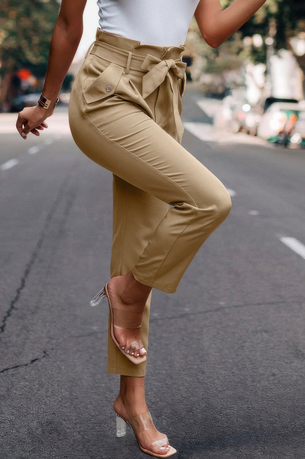 Ruffle Belt Pocket Solid Skinny Pants | by atgodanddesigns