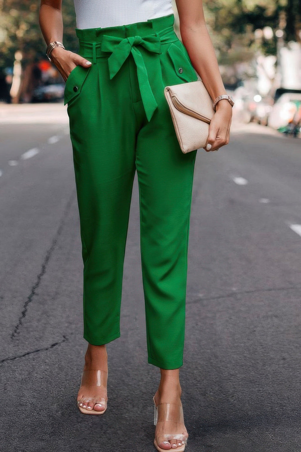 Ruffle Belt Pocket Solid Skinny Pants | by atgodanddesigns