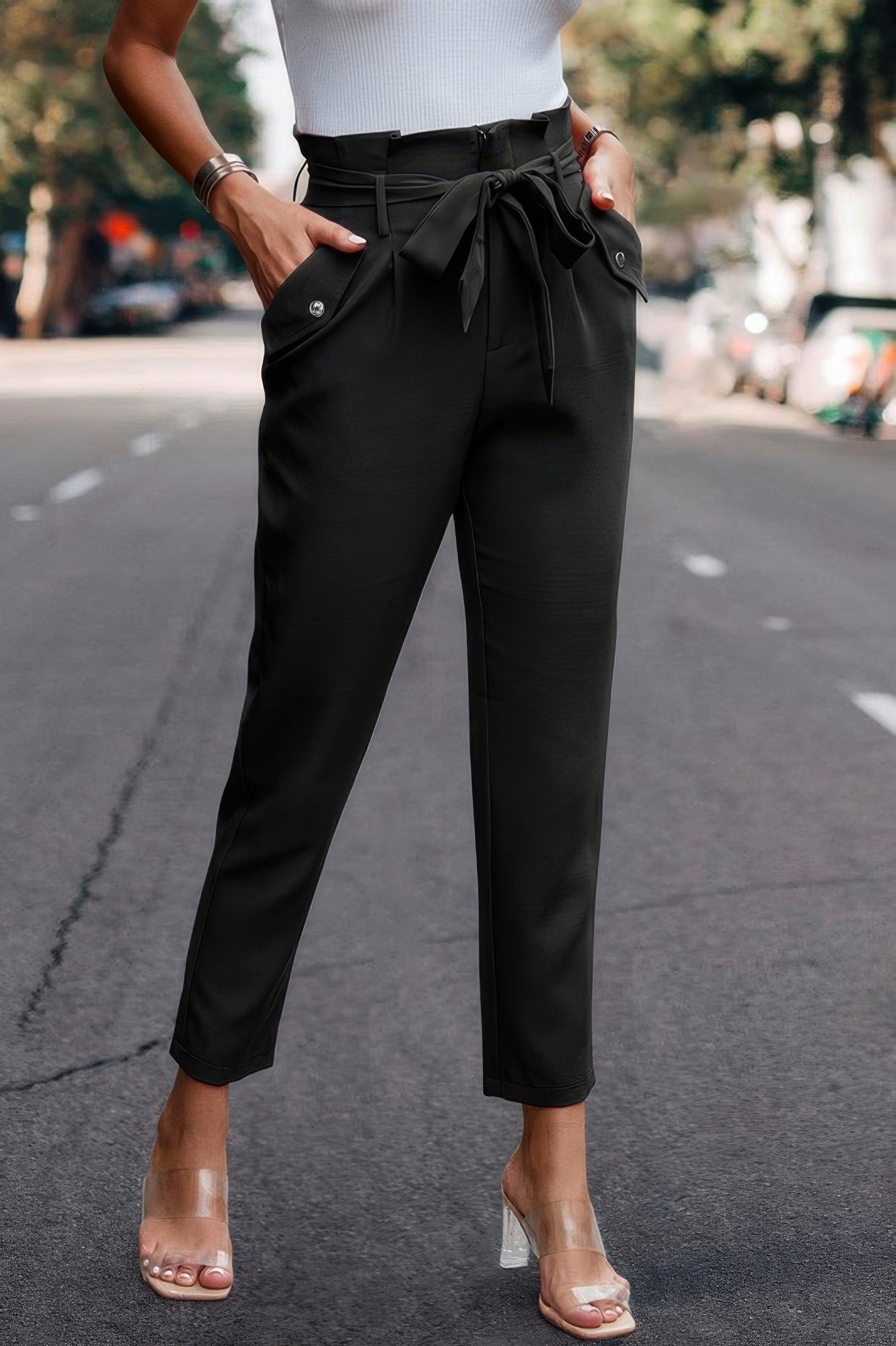 Ruffle Belt Pocket Solid Skinny Pants | by atgodanddesigns
