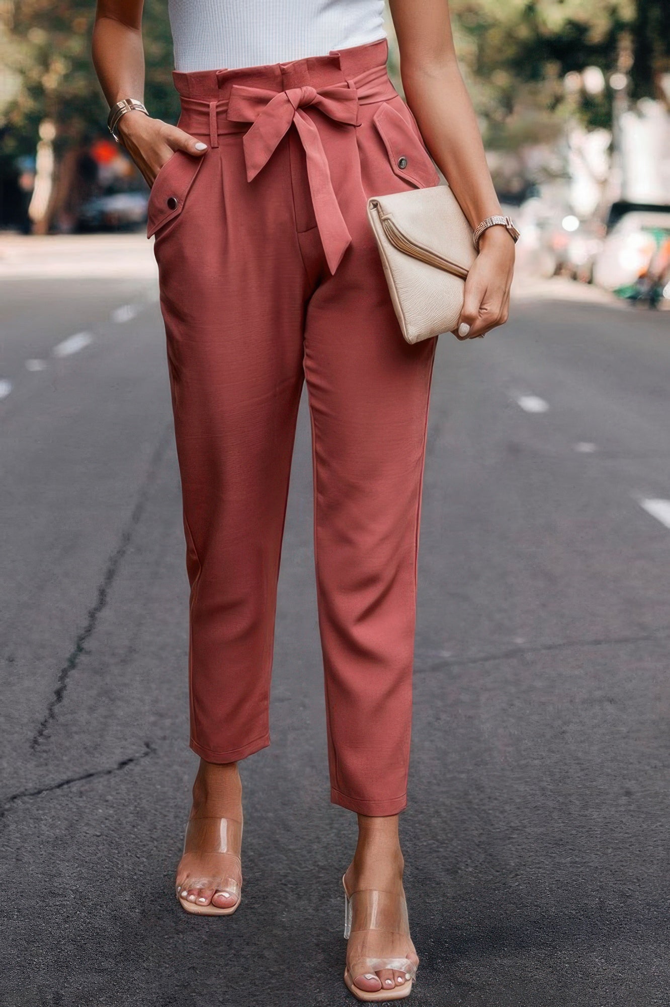 Ruffle Belt Pocket Solid Skinny Pants | by atgodanddesigns