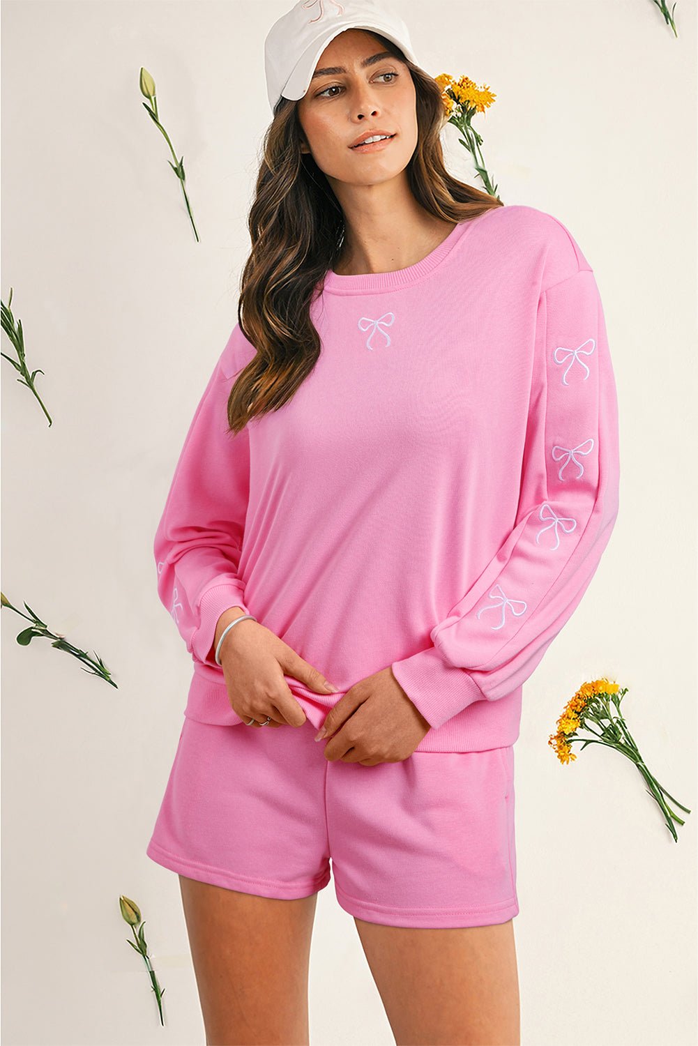 Sachet Pink Bow Embroidery Long Sleeve Pullover and High Waist Shorts Set | Two Piece Shorts Sets by atgodanddesigns