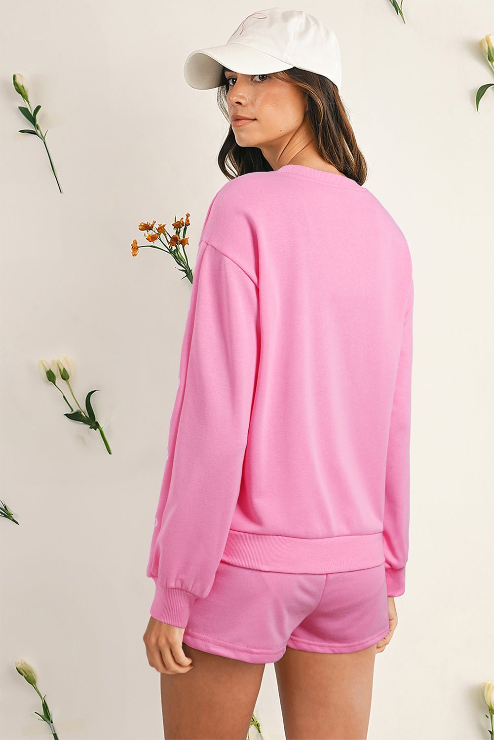 Sachet Pink Bow Embroidery Long Sleeve Pullover and High Waist Shorts Set | Two Piece Shorts Sets by atgodanddesigns