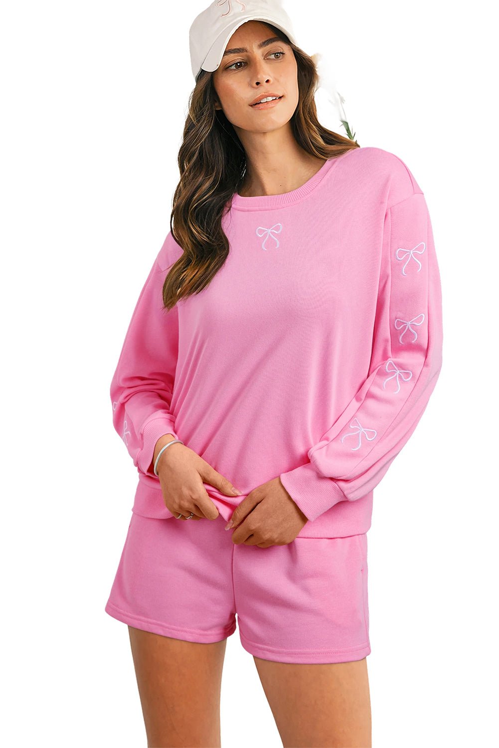 Sachet Pink Bow Embroidery Long Sleeve Pullover and High Waist Shorts Set | Two Piece Shorts Sets by atgodanddesigns