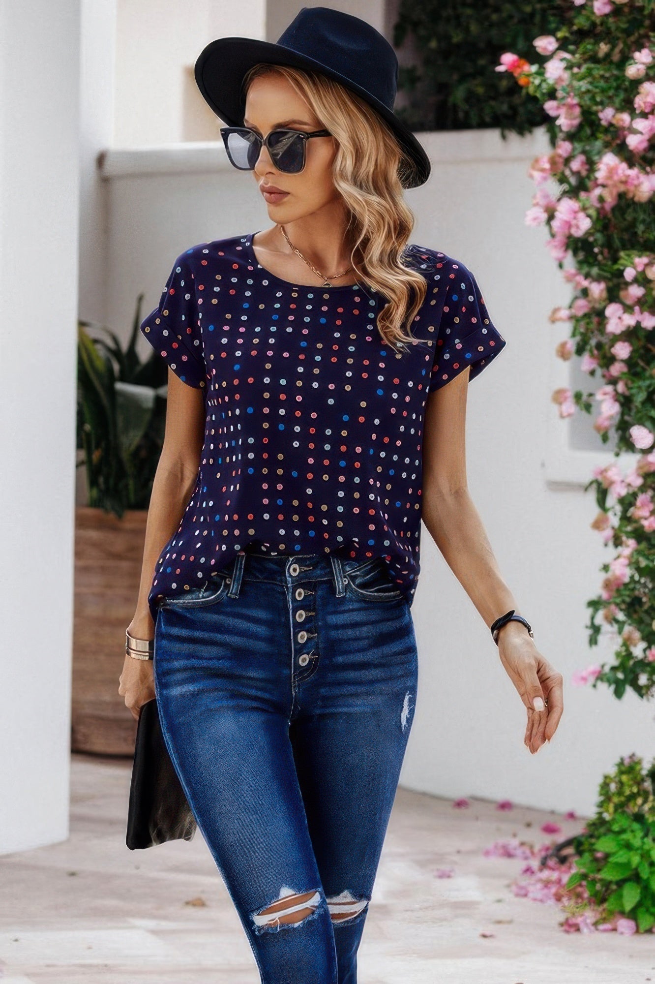 Scoop Neck Polka Dot Batwing Sleeve Blouse | by atgodanddesigns