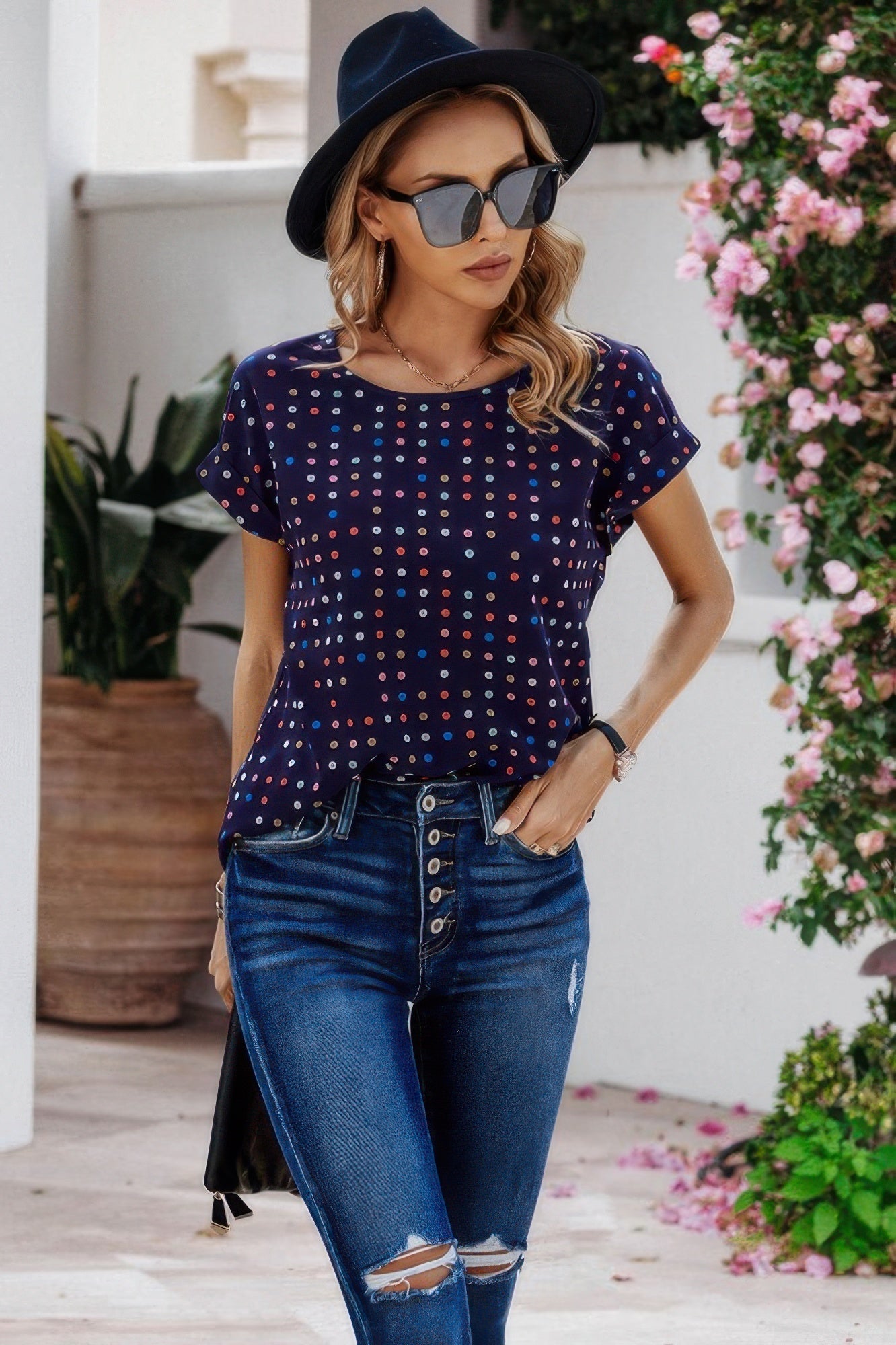 Scoop Neck Polka Dot Batwing Sleeve Blouse | by atgodanddesigns