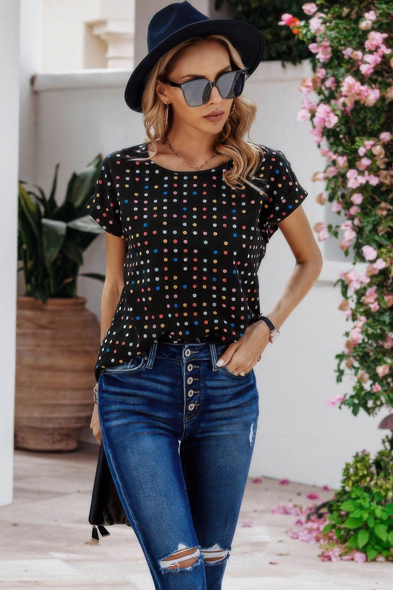 Scoop Neck Polka Dot Batwing Sleeve Blouse | by atgodanddesigns