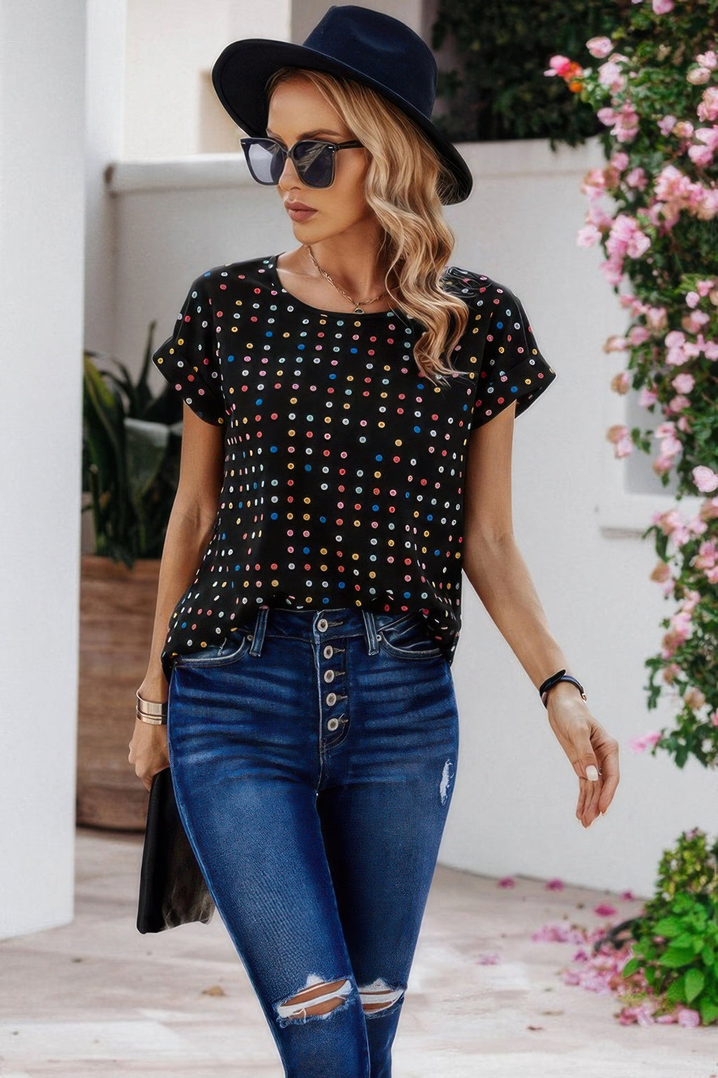 Scoop Neck Polka Dot Batwing Sleeve Blouse | by atgodanddesigns