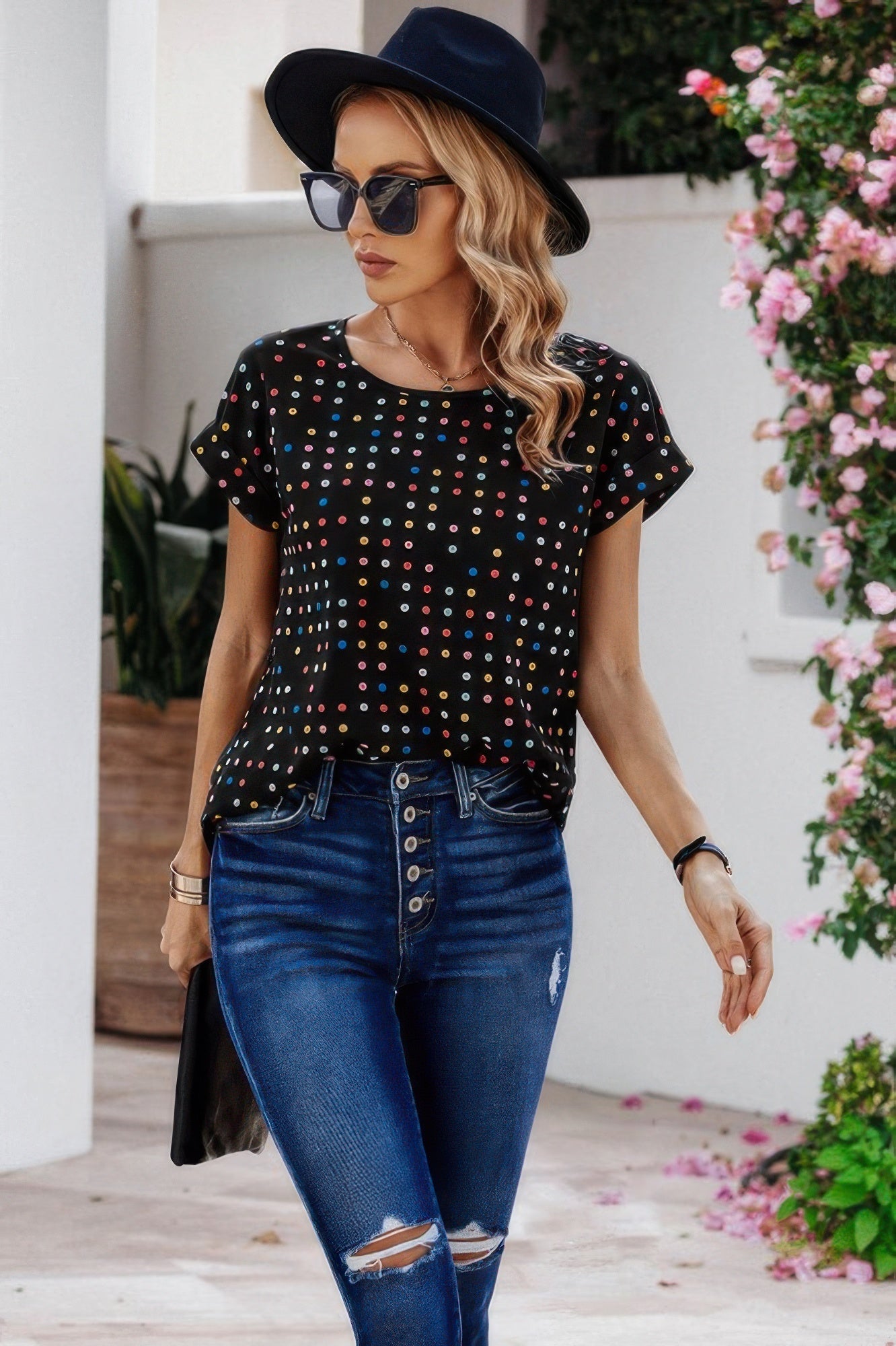Scoop Neck Polka Dot Batwing Sleeve Blouse | by atgodanddesigns
