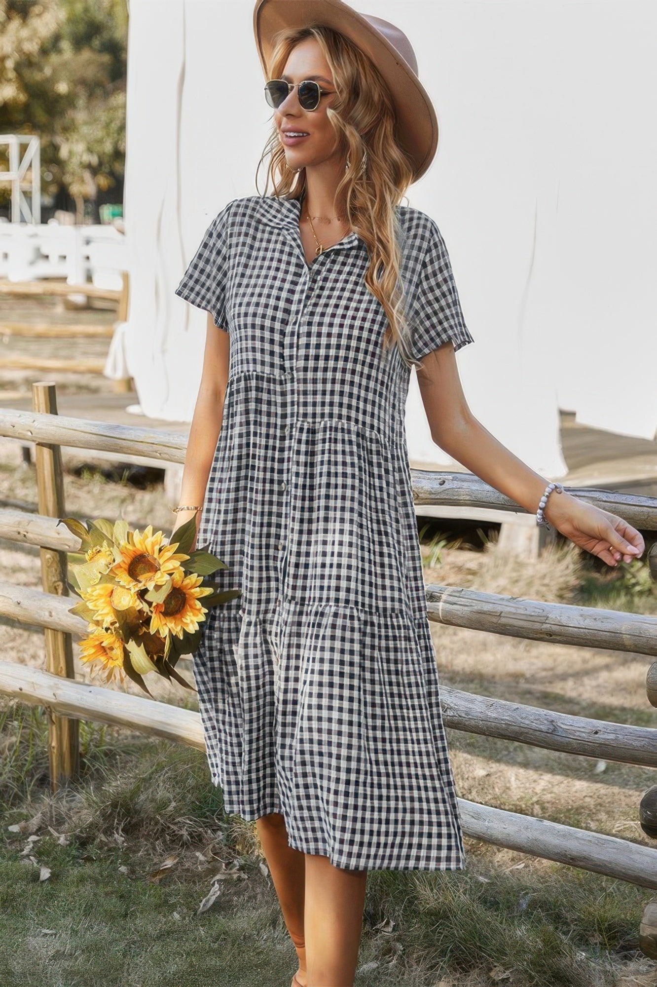 Short Sleeve Plaid Button Midi Dress | by atgodanddesigns