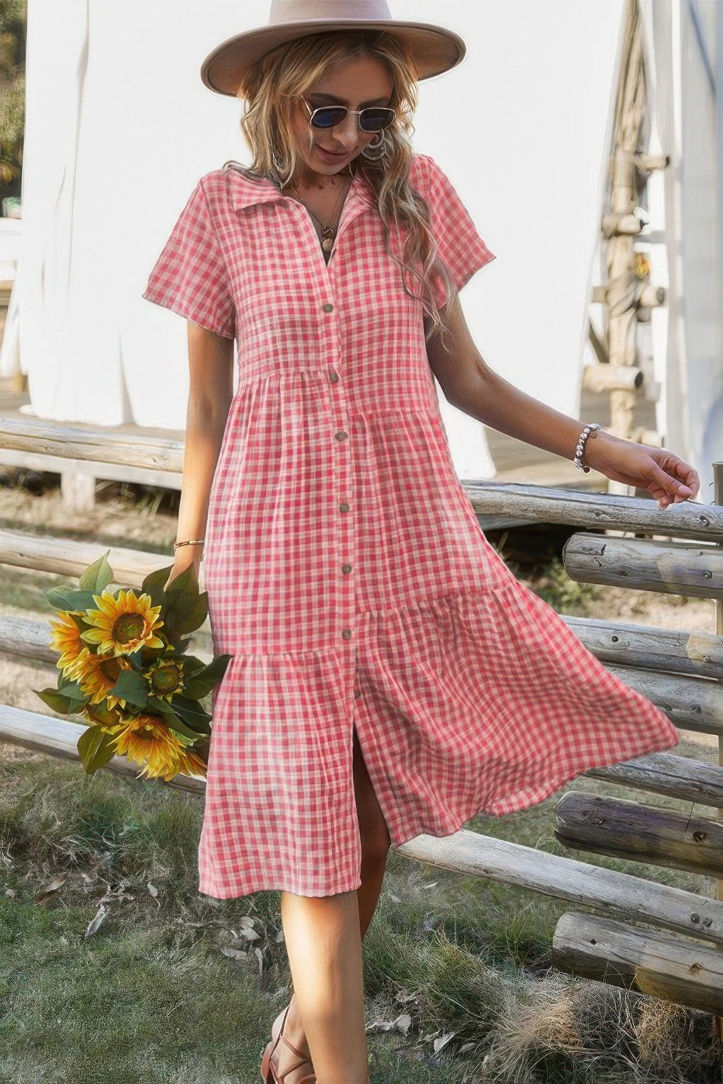 Short Sleeve Plaid Button Midi Dress | by atgodanddesigns