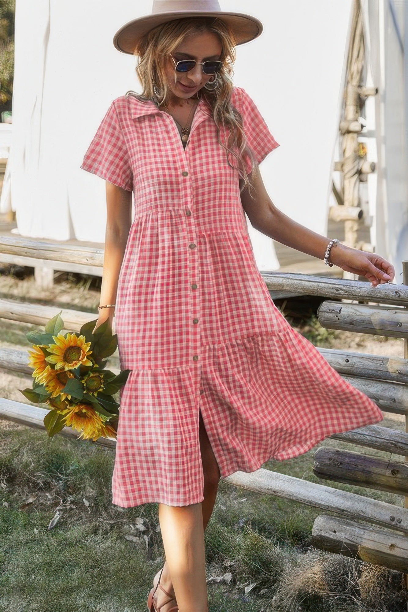 Short Sleeve Plaid Button Midi Dress | by atgodanddesigns