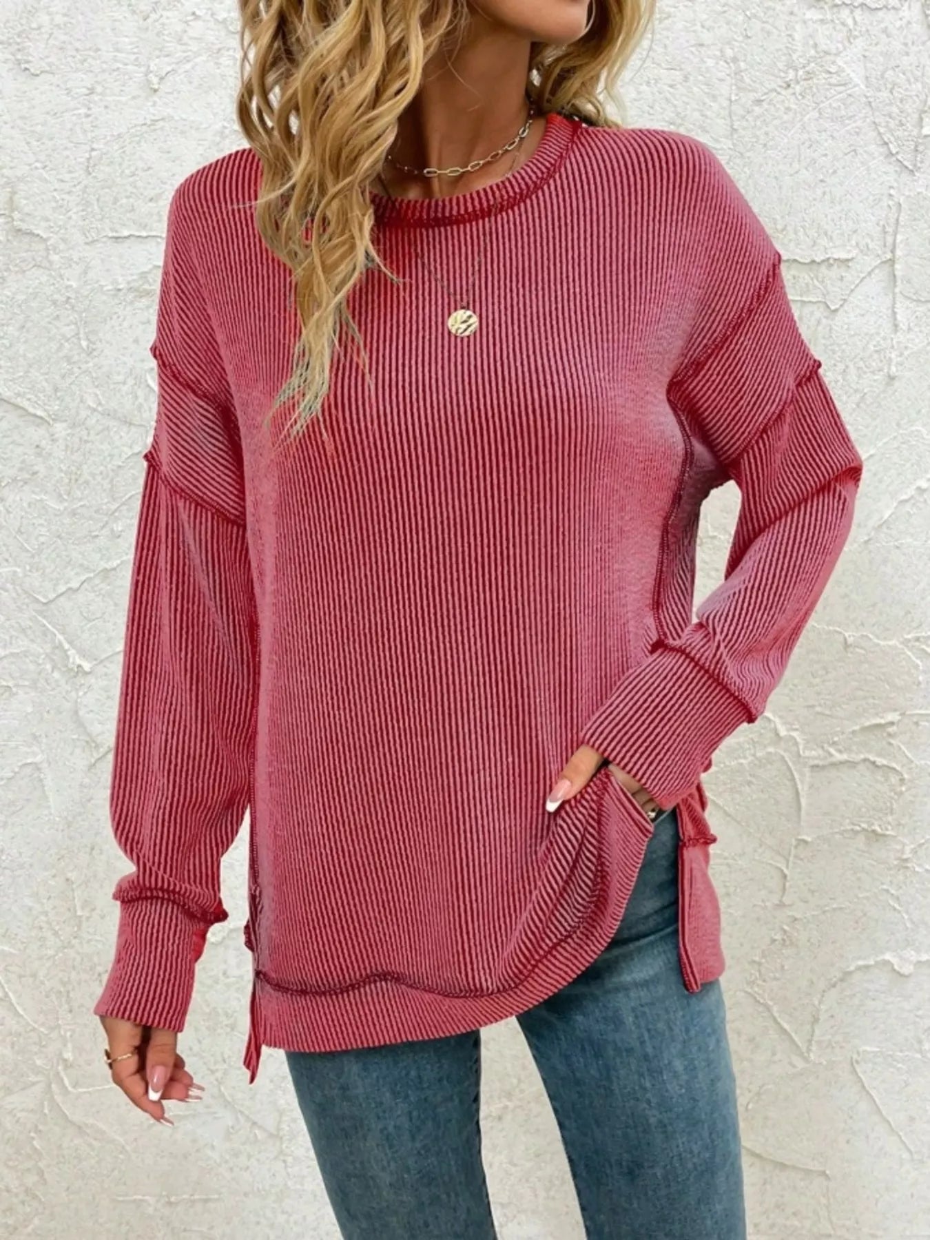 Side Slit Round Neck Dropped Shoulder Sweatshirt | by atgodanddesigns