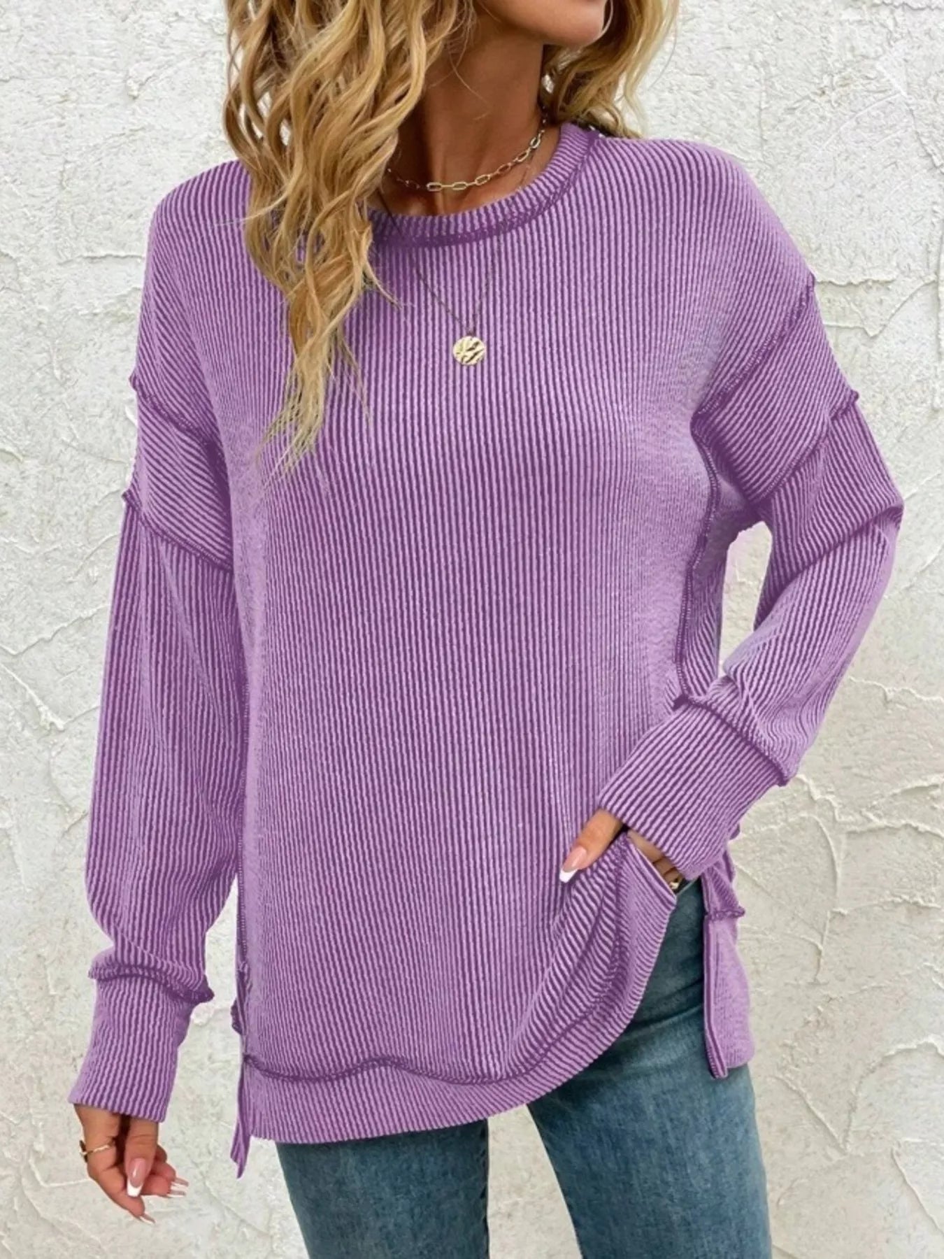 Side Slit Round Neck Dropped Shoulder Sweatshirt | by atgodanddesigns