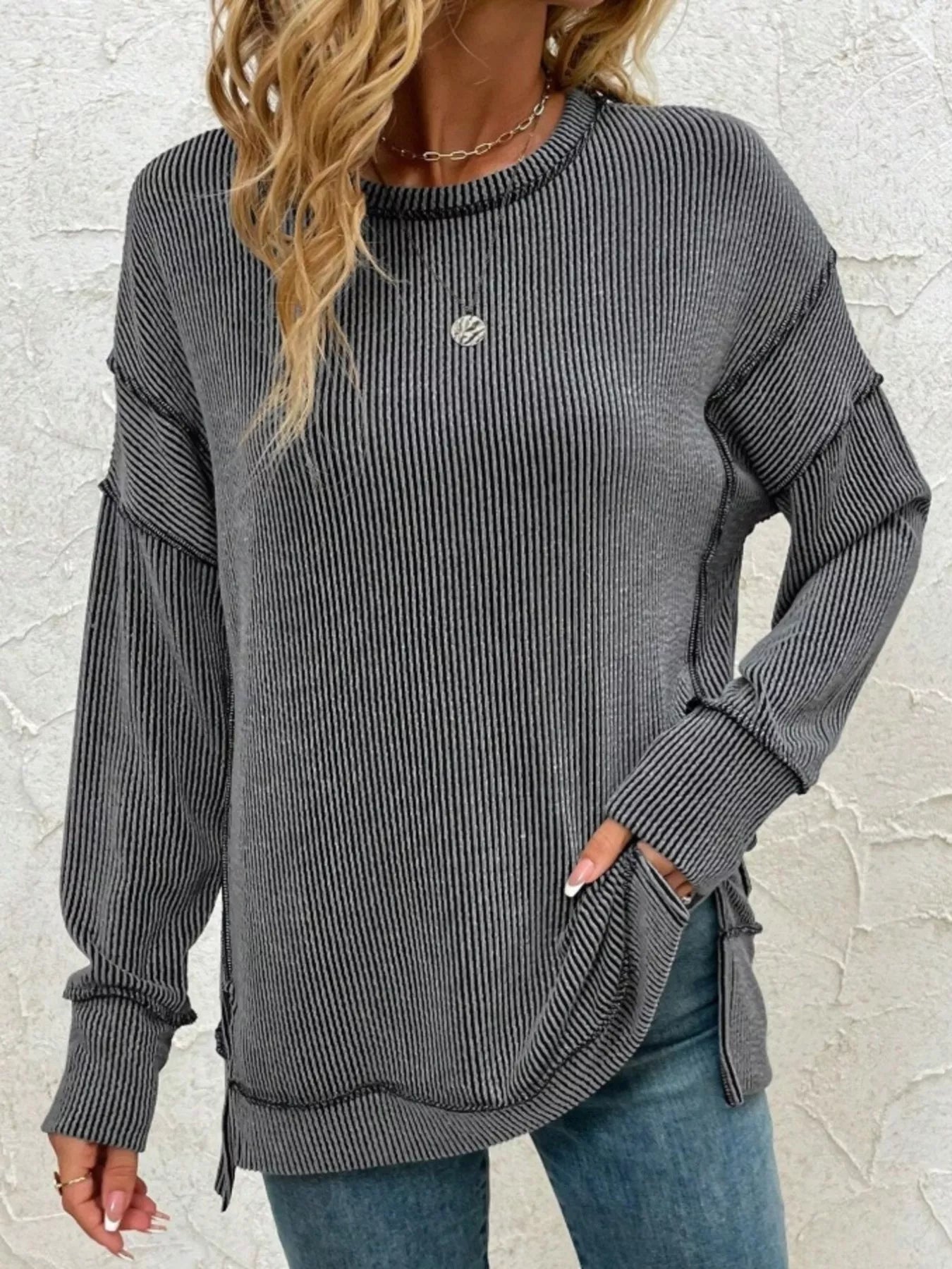 Side Slit Round Neck Dropped Shoulder Sweatshirt | by atgodanddesigns