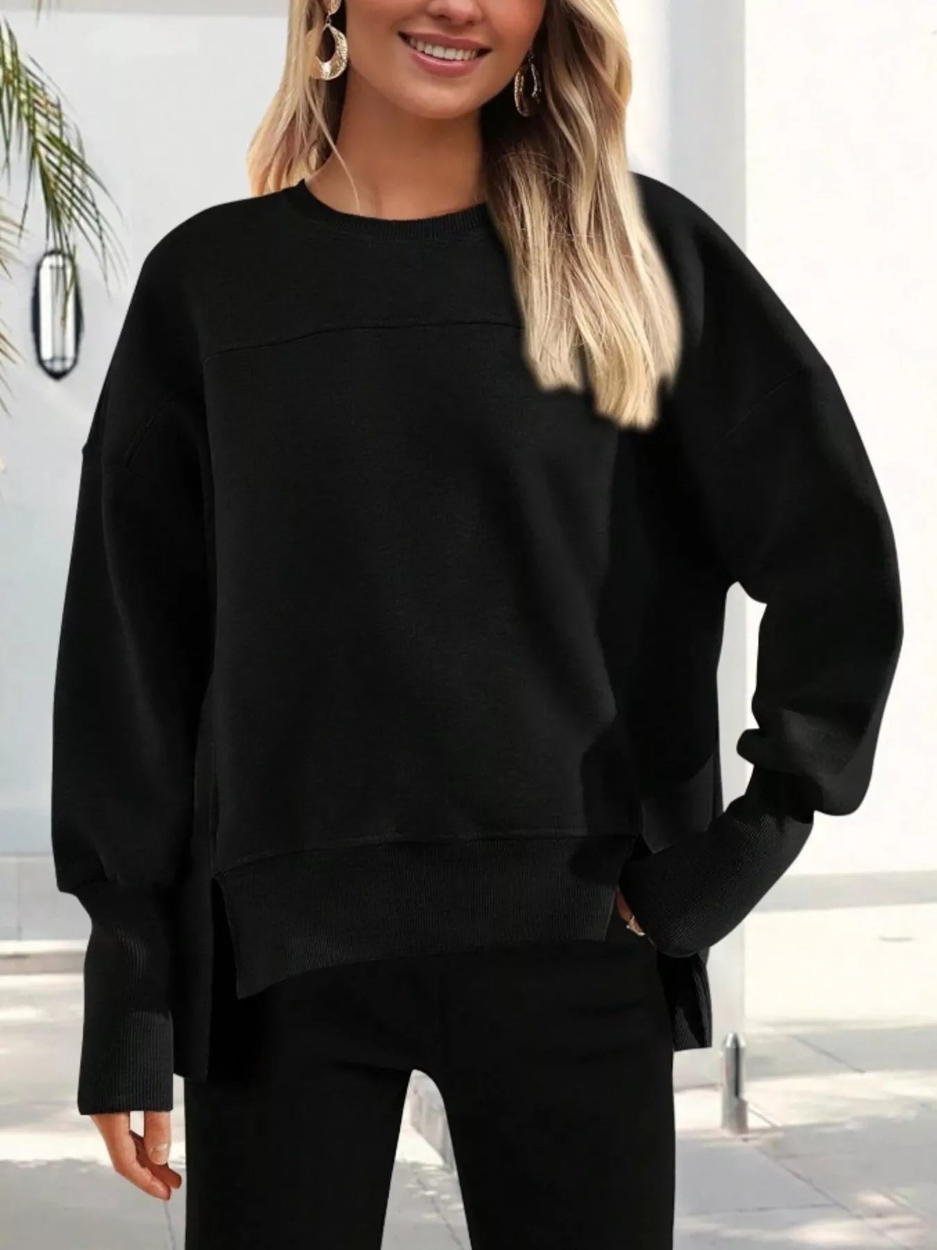 Slit Round Neck Dropped Shoulder Sweatshirt | by atgodanddesigns