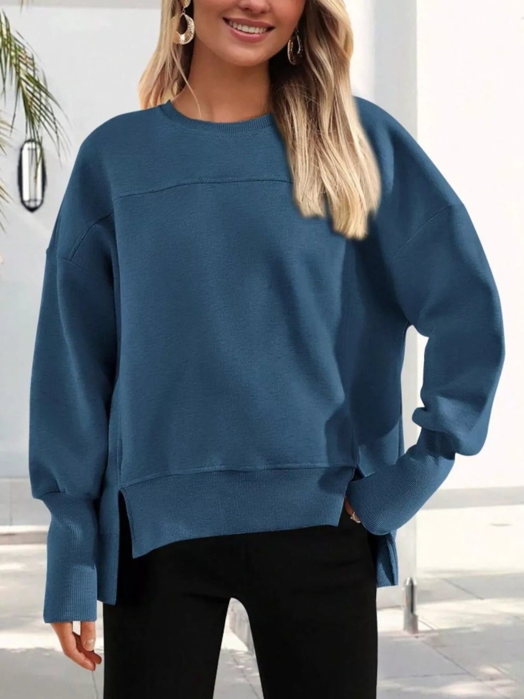 Slit Round Neck Dropped Shoulder Sweatshirt | by atgodanddesigns