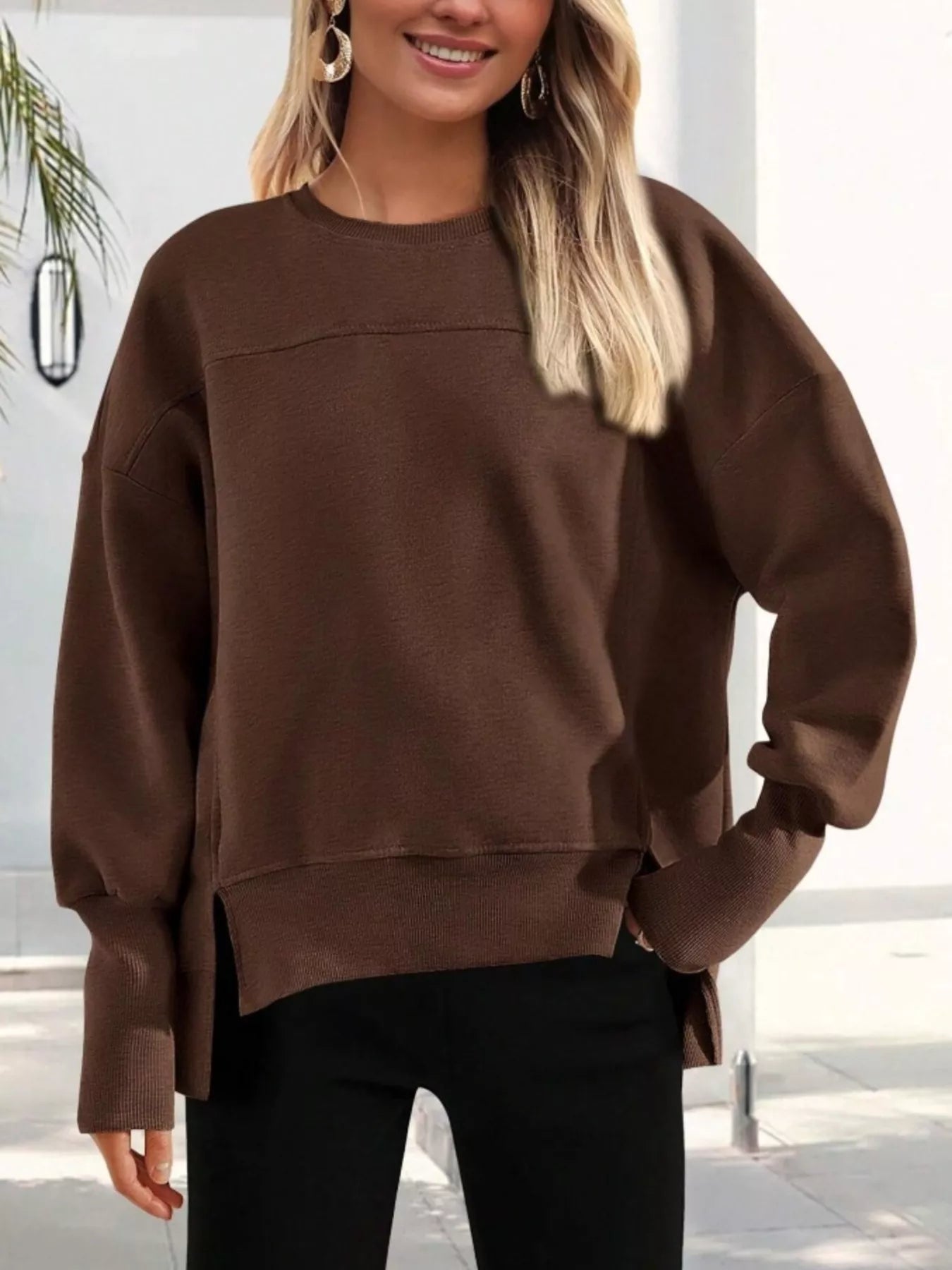 Slit Round Neck Dropped Shoulder Sweatshirt | by atgodanddesigns