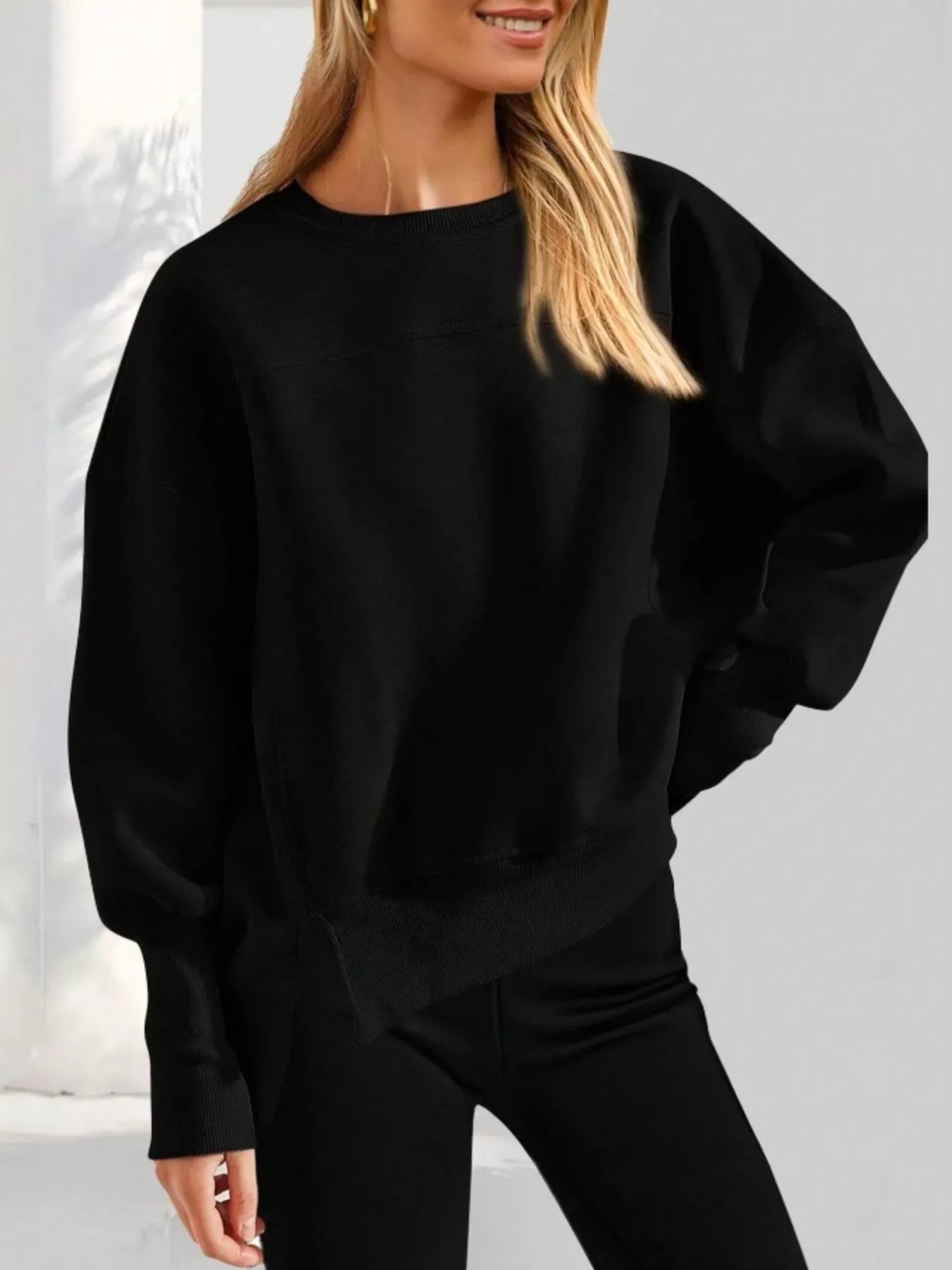 Slit Round Neck Dropped Shoulder Sweatshirt | by atgodanddesigns