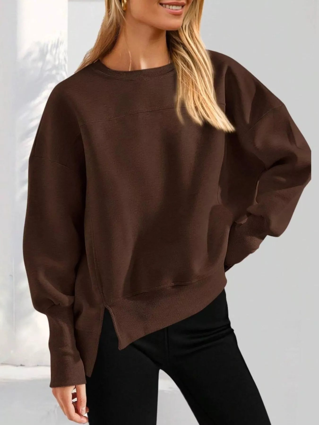 Slit Round Neck Dropped Shoulder Sweatshirt | by atgodanddesigns