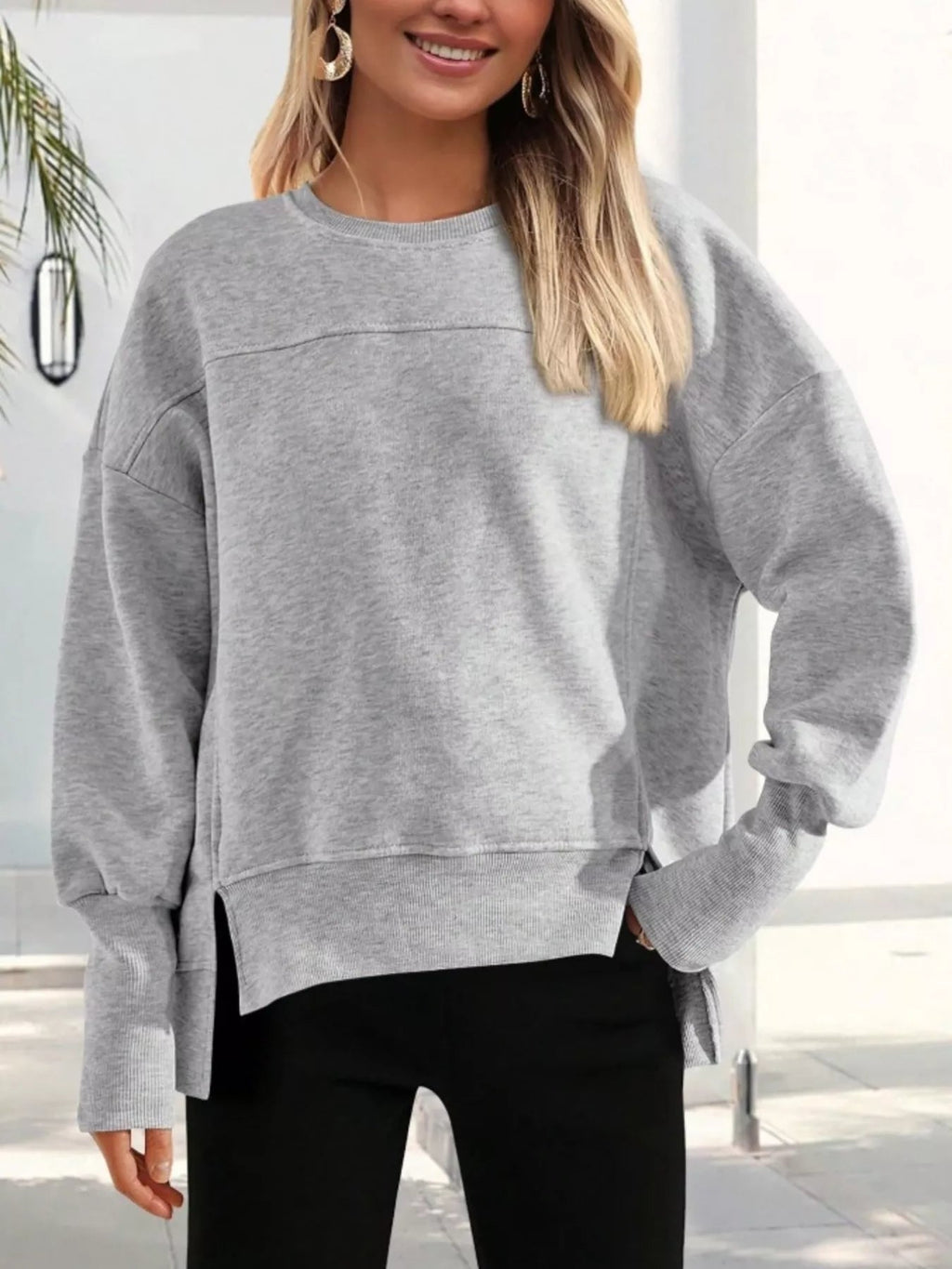 Slit Round Neck Dropped Shoulder Sweatshirt | by atgodanddesigns