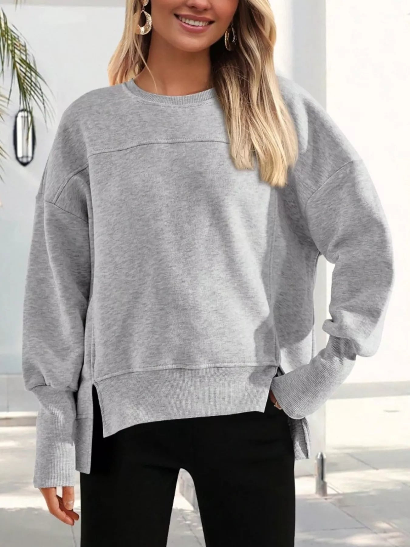 Slit Round Neck Dropped Shoulder Sweatshirt | by atgodanddesigns