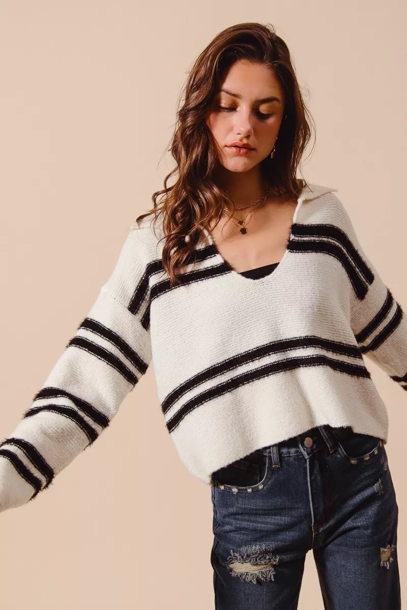 SO ME Fuzzy Hairy Stripe Deep U Neck Swetaer | by atgodanddesigns
