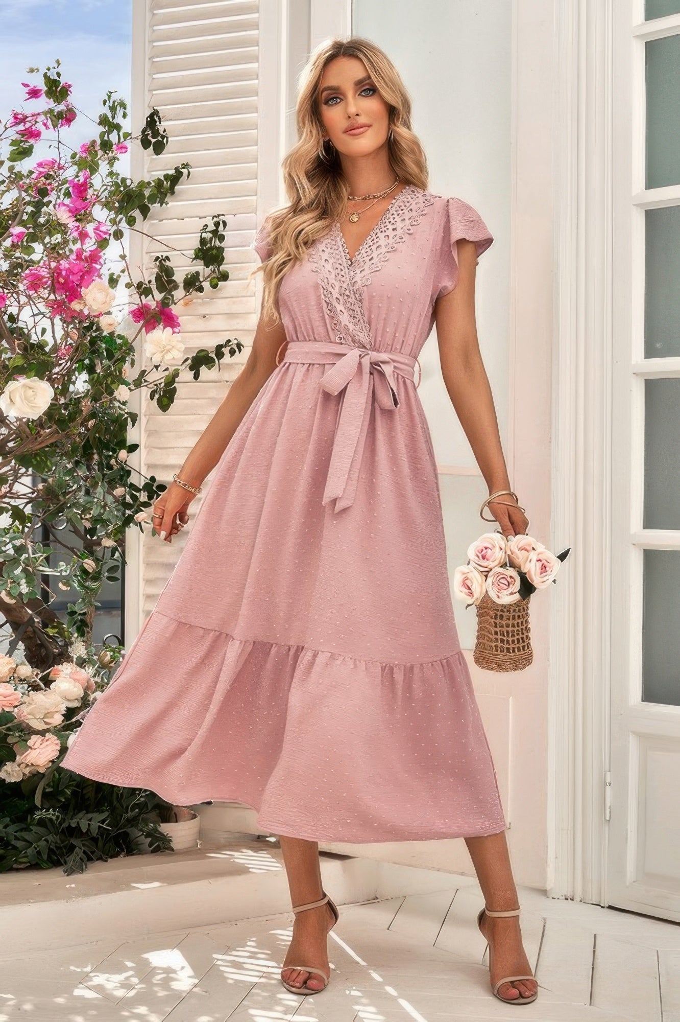 Solid Dot V Neck Lace Ruffle Belt Long Dress | by atgodanddesigns