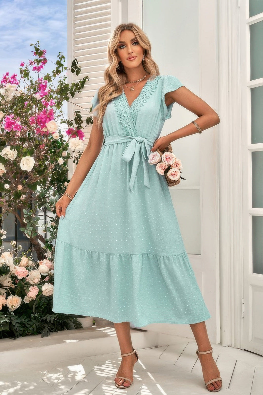 Solid Dot V Neck Lace Ruffle Belt Long Dress | by atgodanddesigns