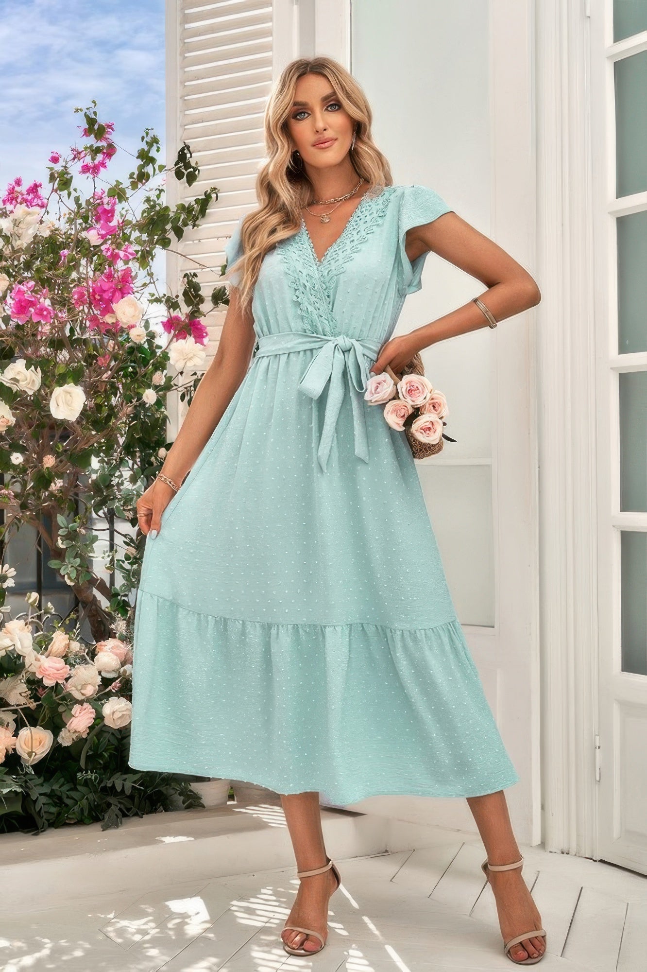 Solid Dot V Neck Lace Ruffle Belt Long Dress | by atgodanddesigns