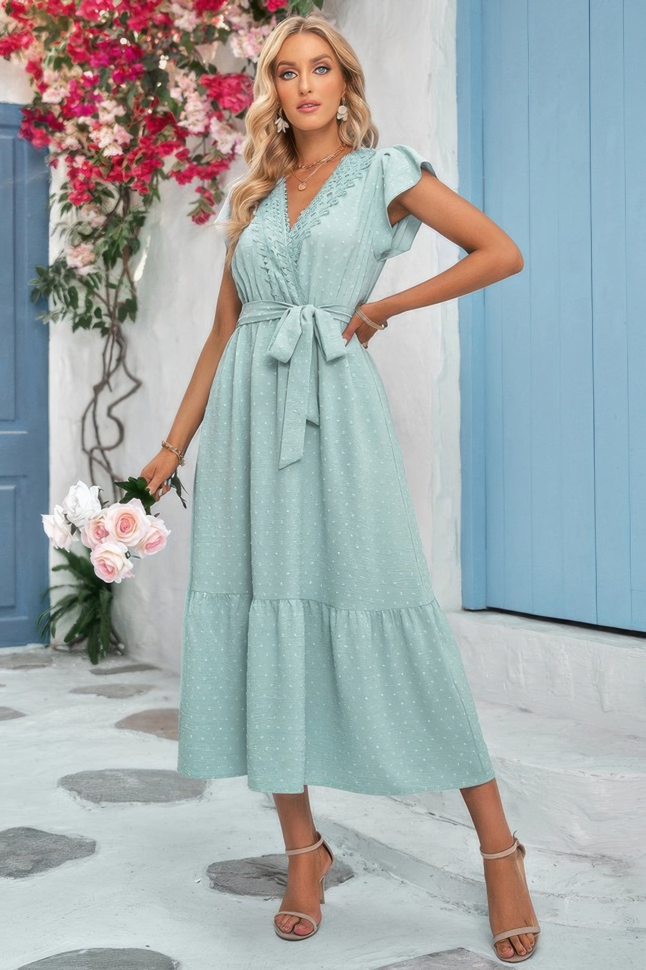 Solid Dot V Neck Lace Ruffle Belt Long Dress | by atgodanddesigns