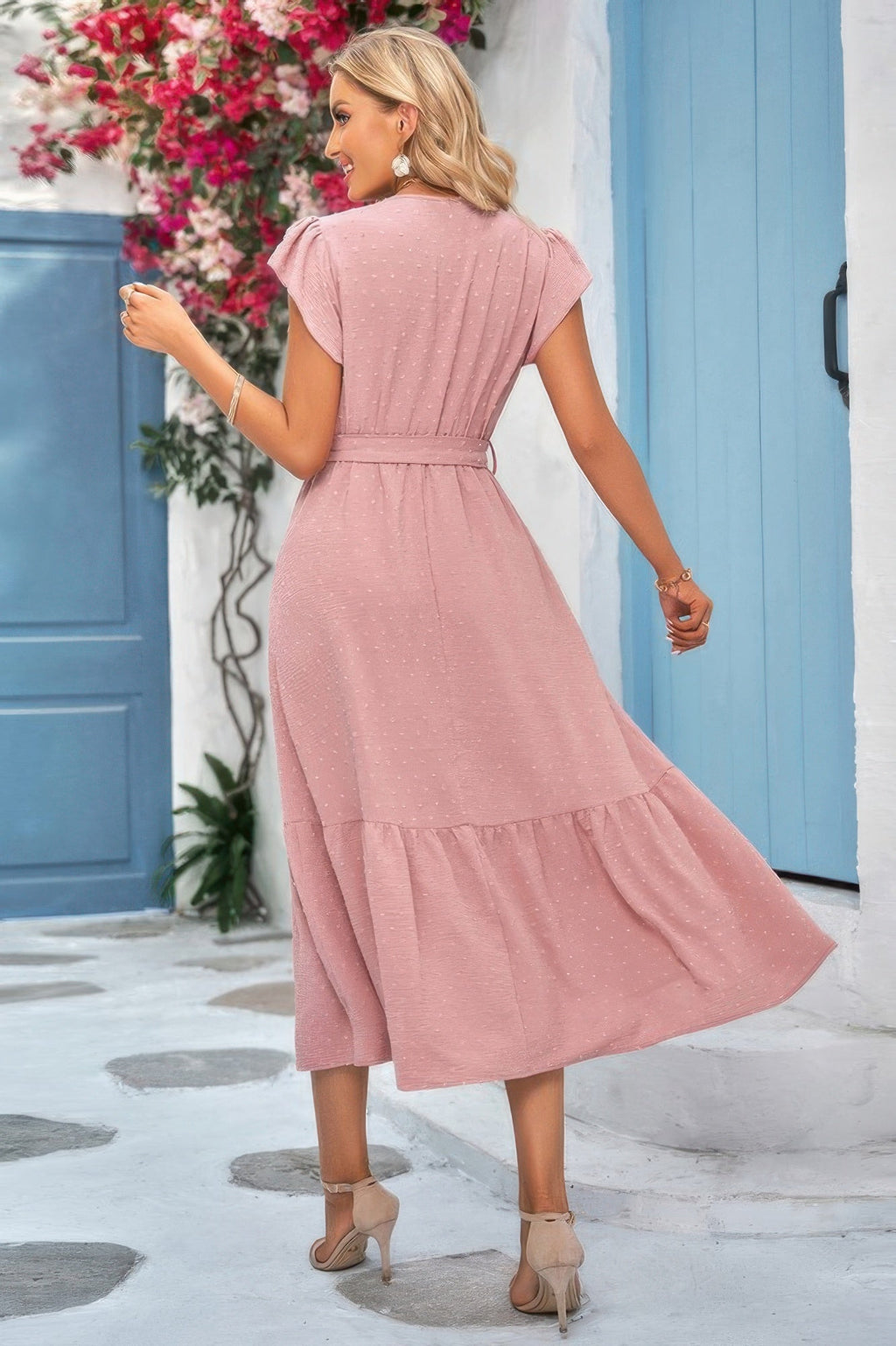 Solid Dot V Neck Lace Ruffle Belt Long Dress | by atgodanddesigns