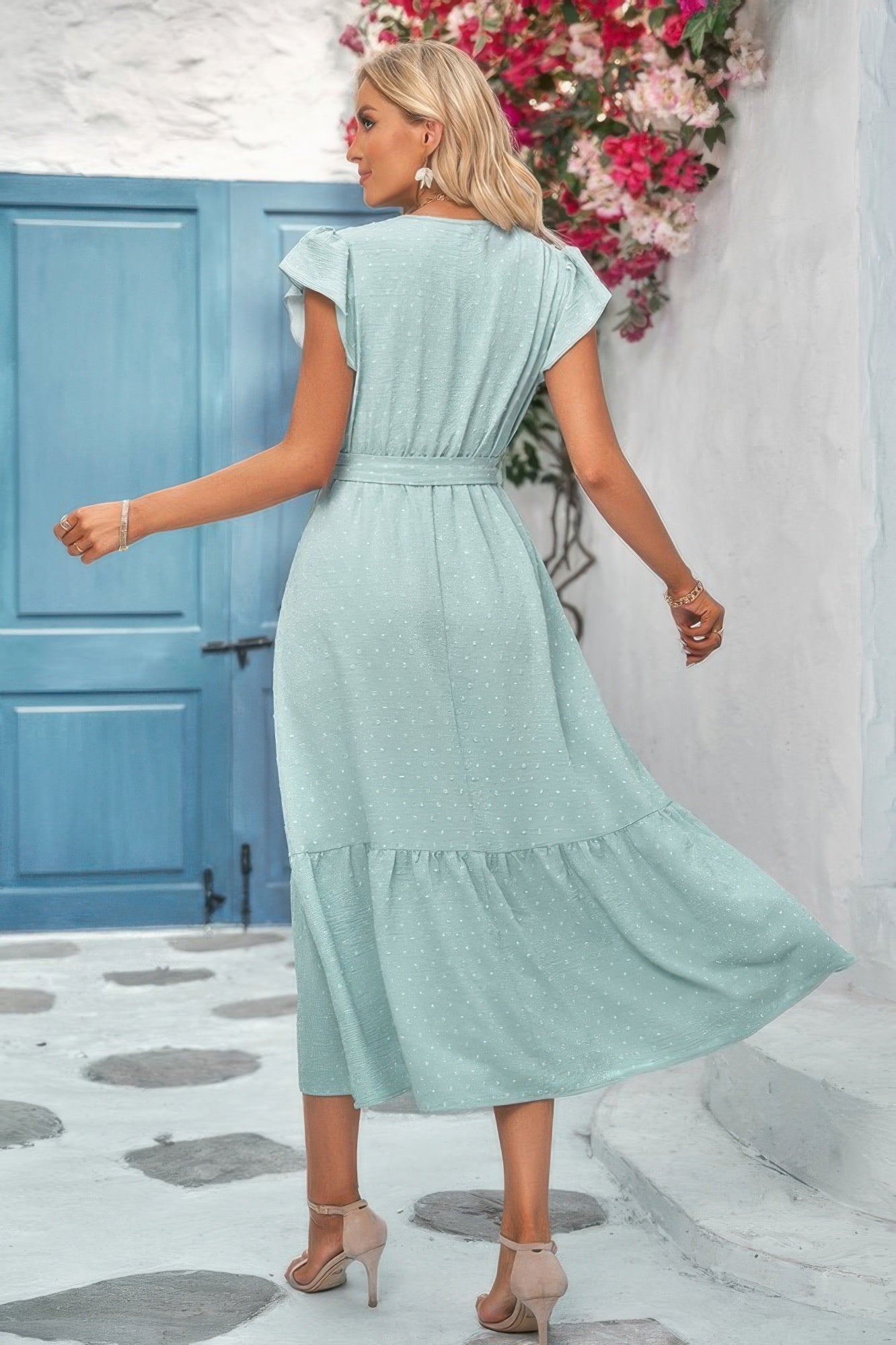 Solid Dot V Neck Lace Ruffle Belt Long Dress | by atgodanddesigns