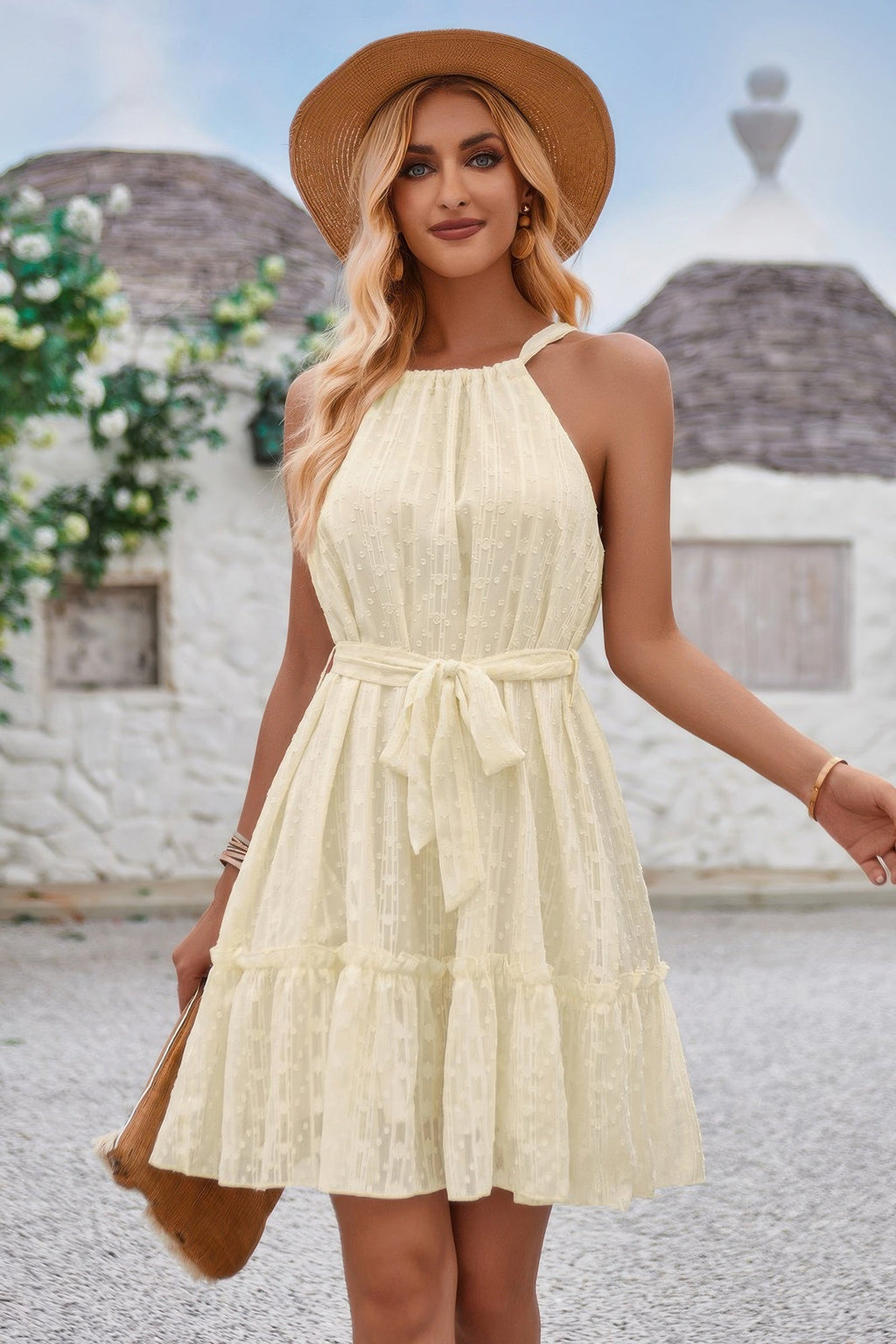 Solid Halter Neck Sleeveless Waist Tie Ruffle Dress | by atgodanddesigns