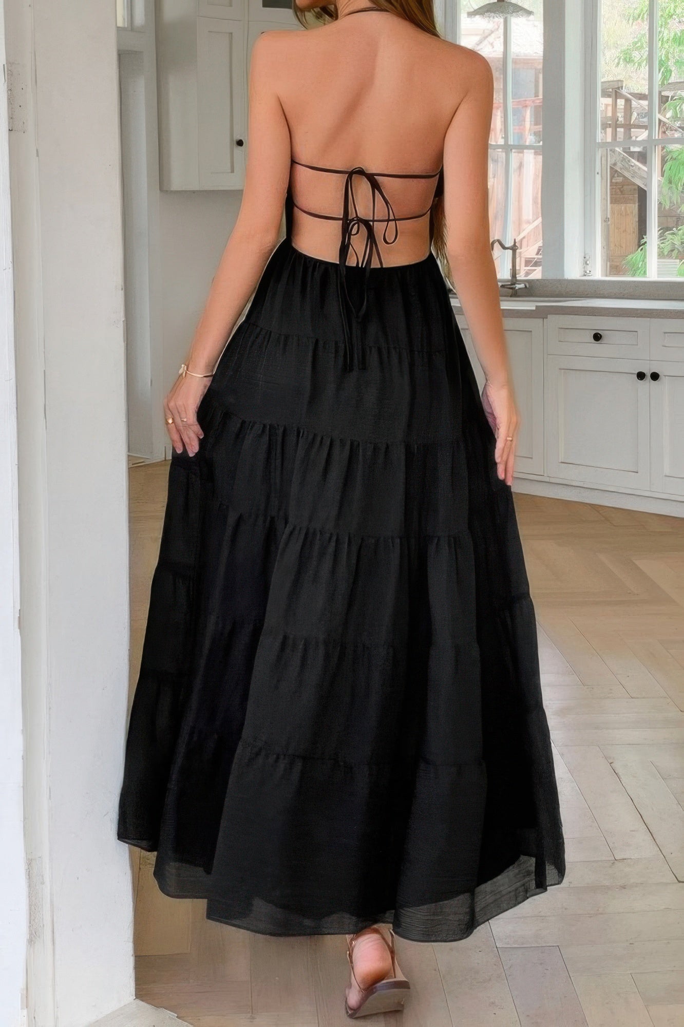 Solid Halter Ruched Textured Tiered Full Dress | by atgodanddesigns