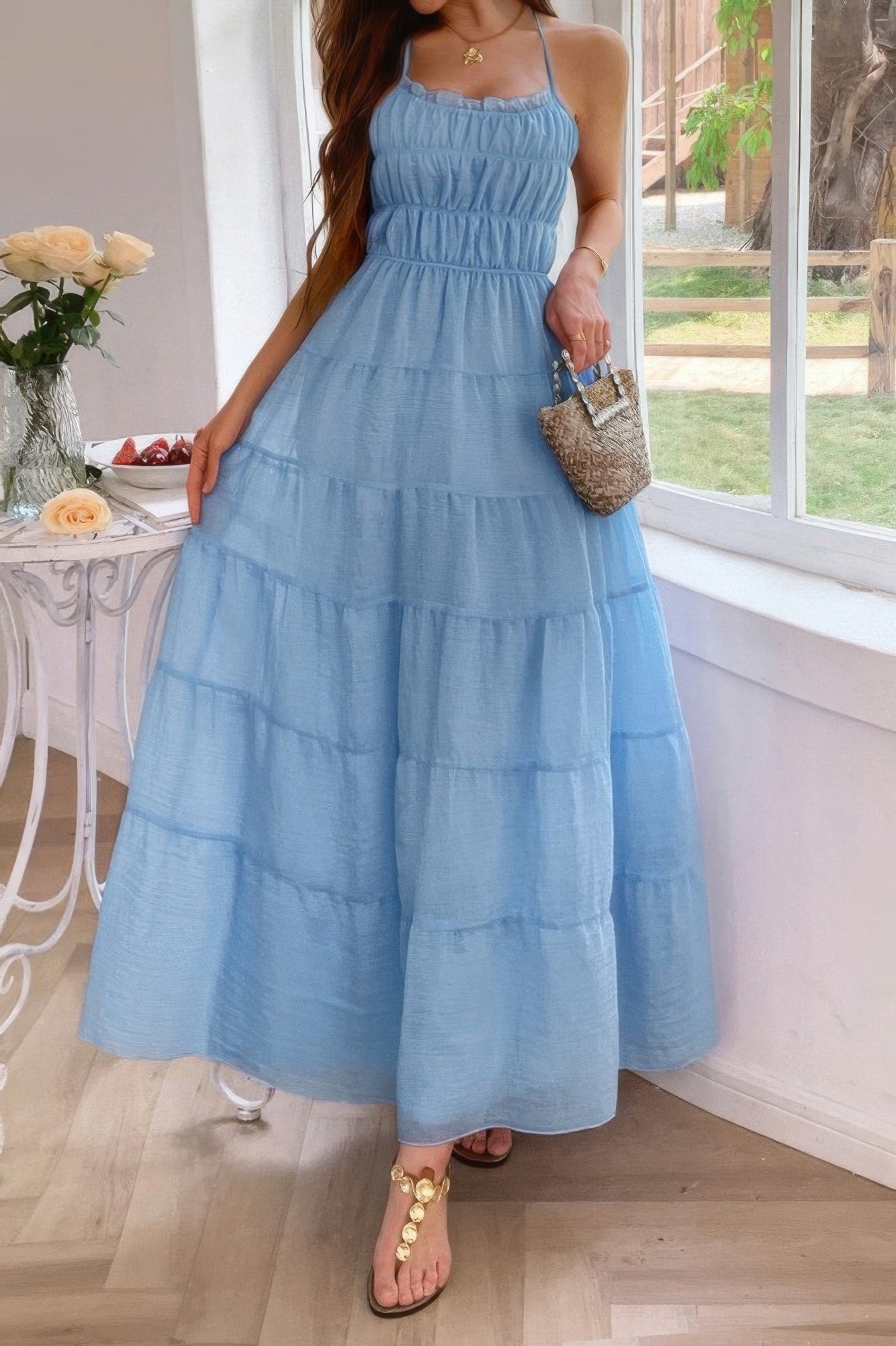 Solid Halter Ruched Textured Tiered Full Dress | by atgodanddesigns