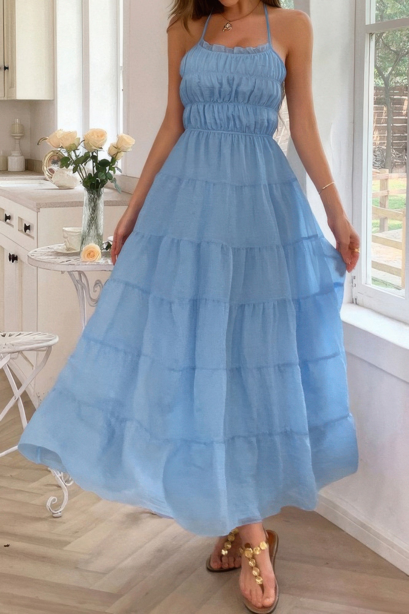 Solid Halter Ruched Textured Tiered Full Dress | by atgodanddesigns