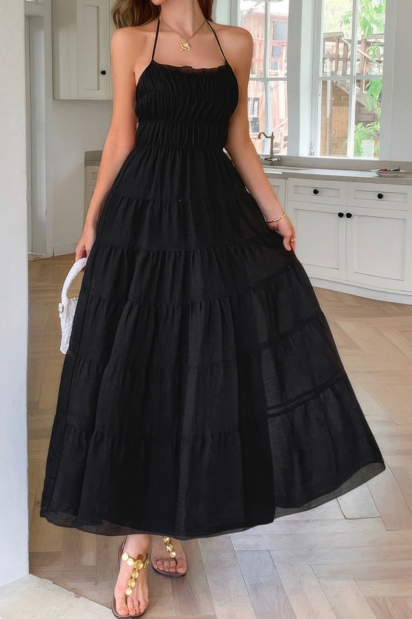 Solid Halter Ruched Textured Tiered Full Dress | by atgodanddesigns